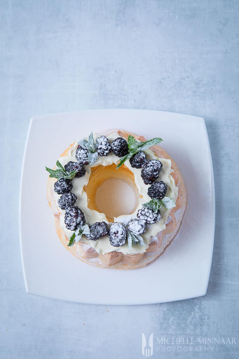 An aerial view of a sugar free angel food cake