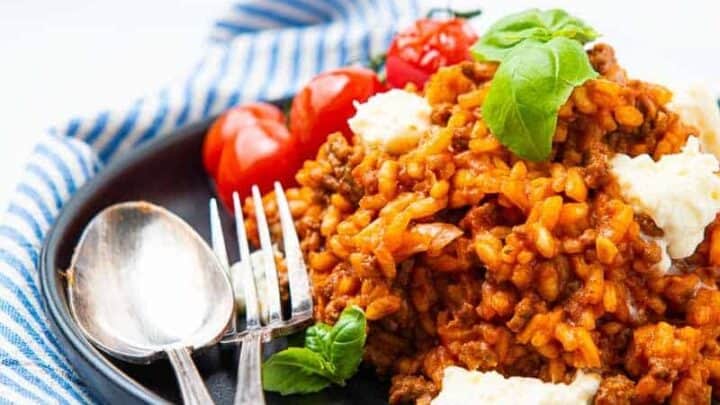 Plate of Beef Risotto and fork and spoon