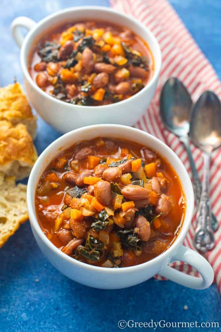 soup in cup, bread in background