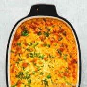 Buffalo chicken dip in a baking dish.