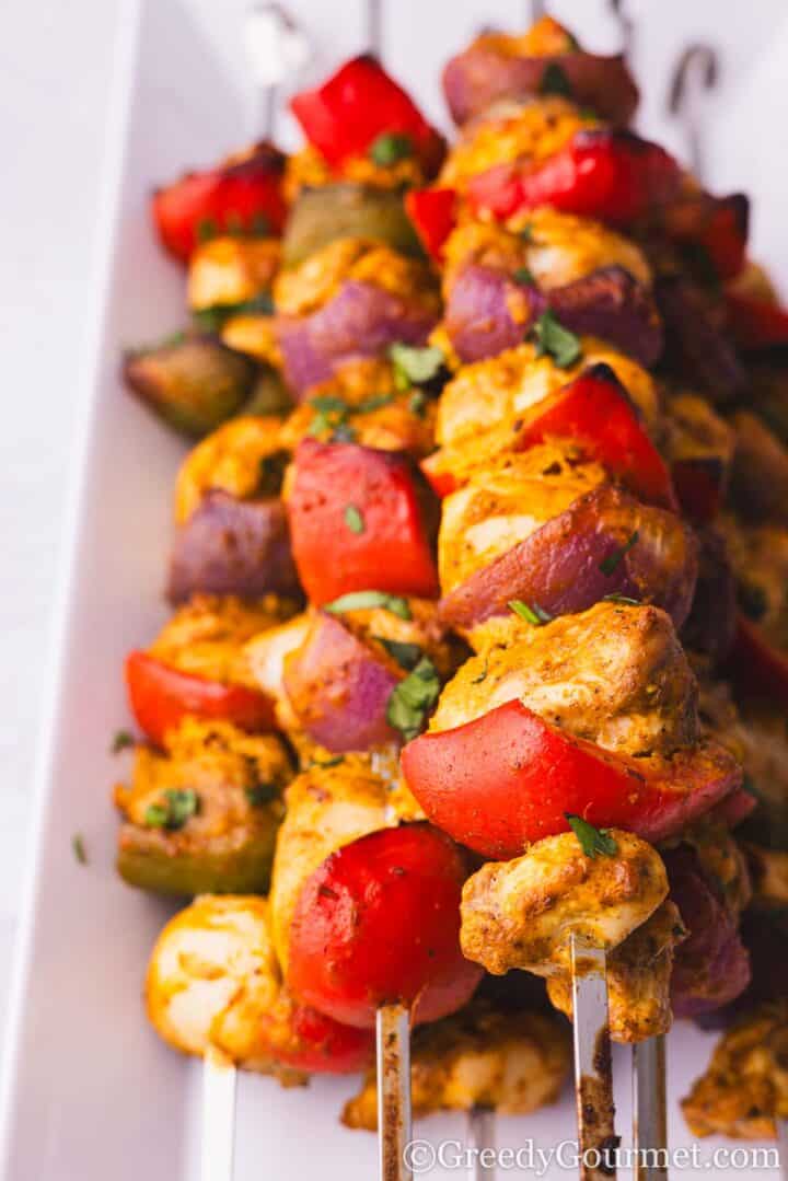 Chicken tikka skewers.