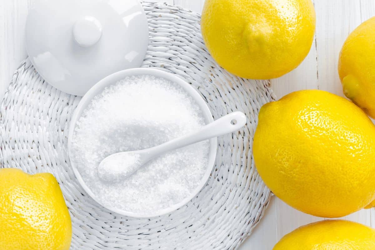 A white bowl of citric acid in powder form.