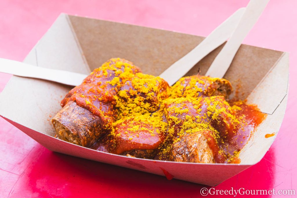 Currywurst, a popular berlin food.