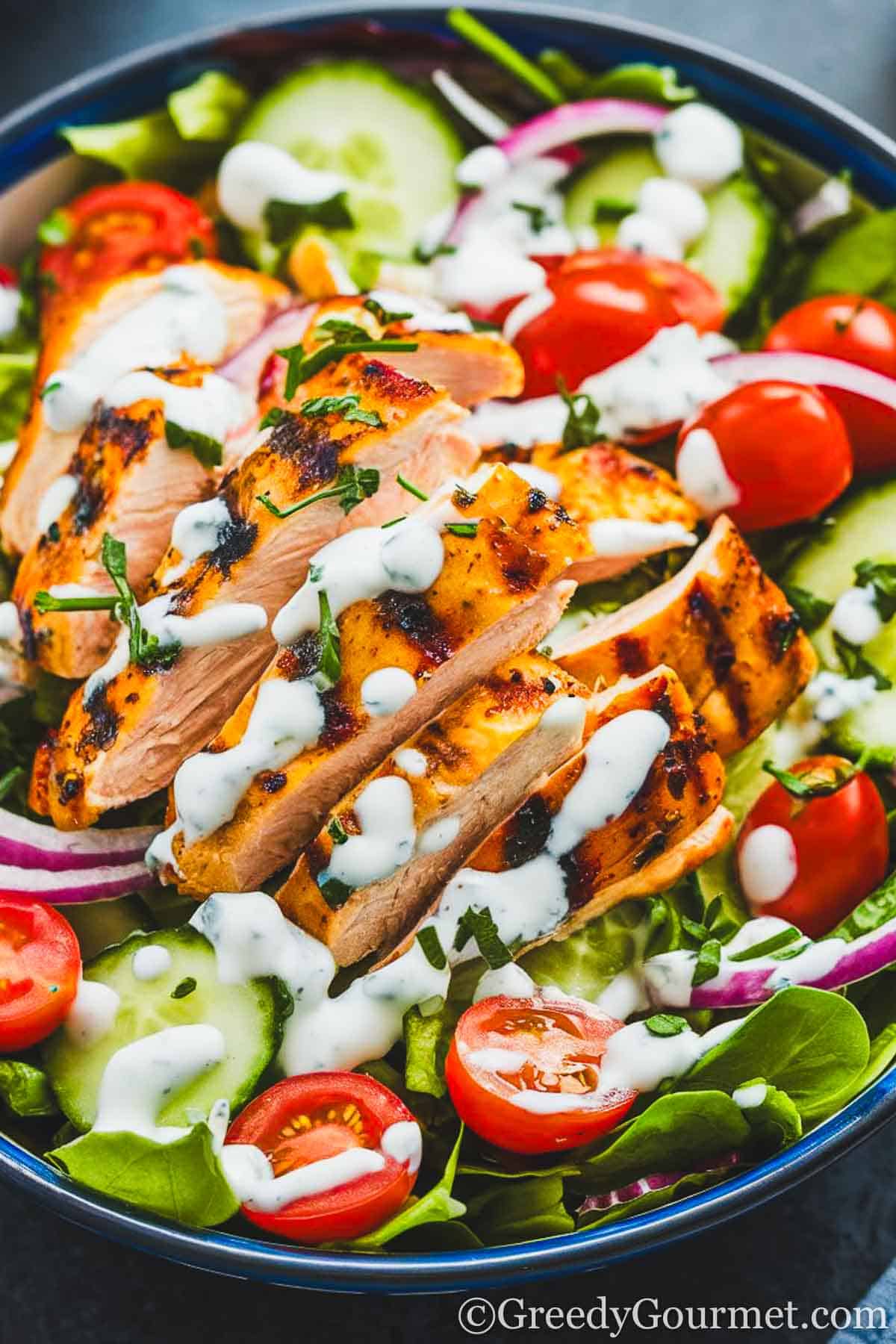 sliced grilled chicken breast on top of bed of salad with tomatoes and cucumber and lettuce, drizzled with tzatziki