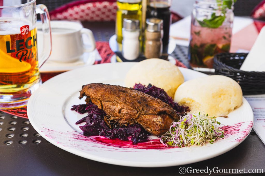 Goose Breast with Gravy, Red Cabbage and mashed potatoes.