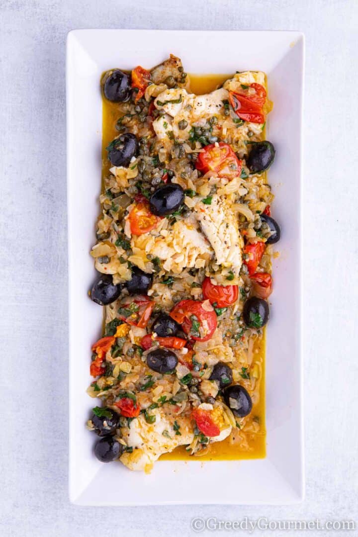 Pan Fried Haddock with Tomatoes, Olives and Capers