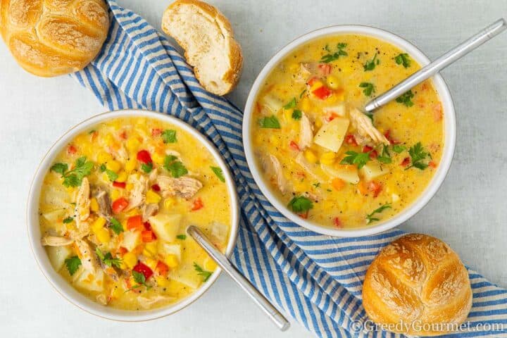 Turkey Stock used in a turkey soup served alongside bread.