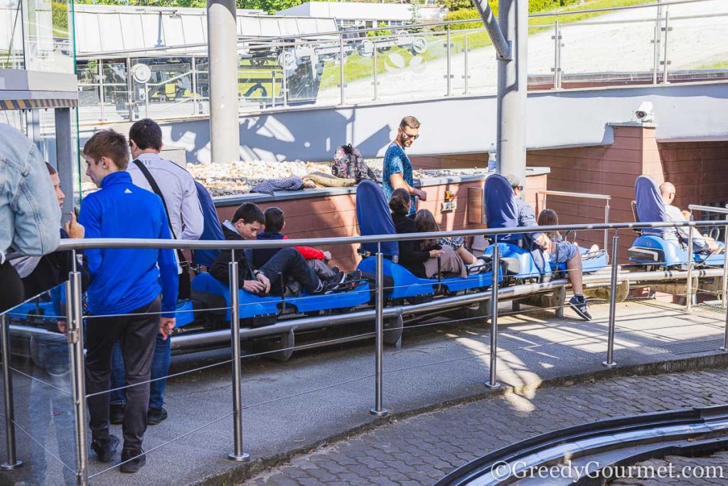 Children lining up on a toboggan ride.