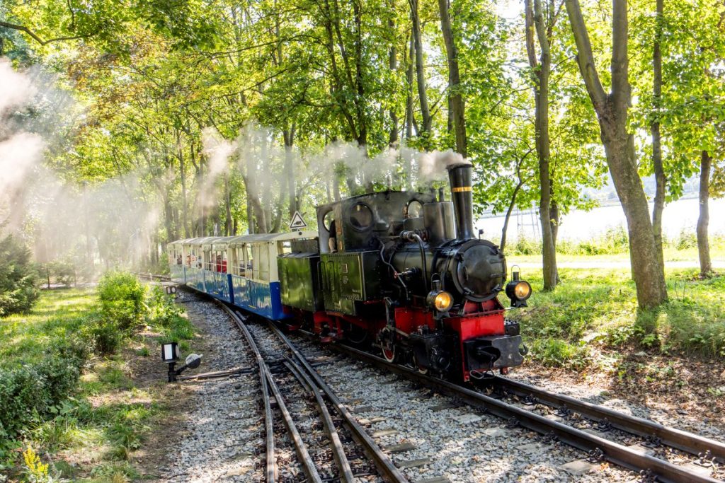 A miniature steam train running on tracks with trees in the background.