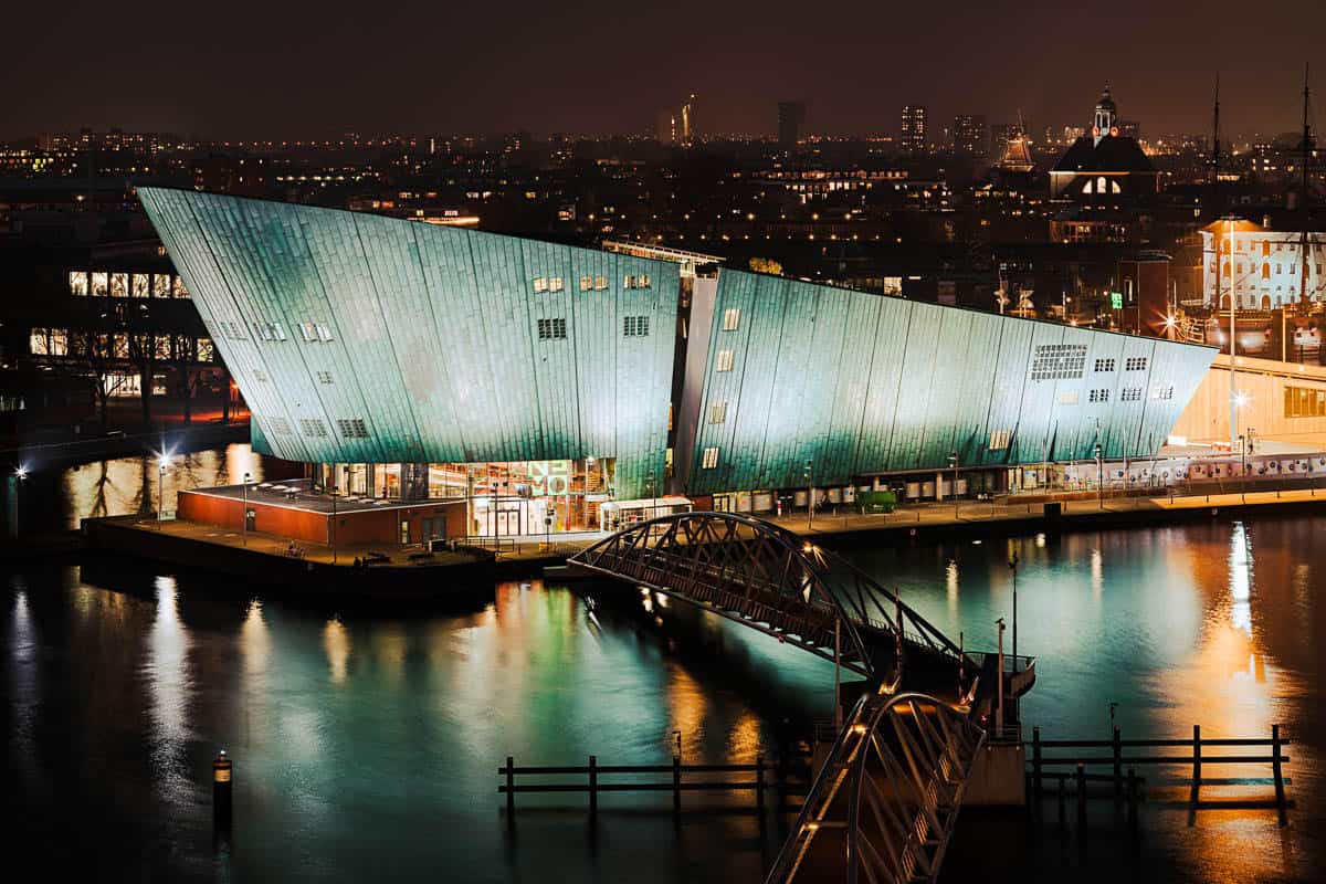 The NEMO Science museum at night.