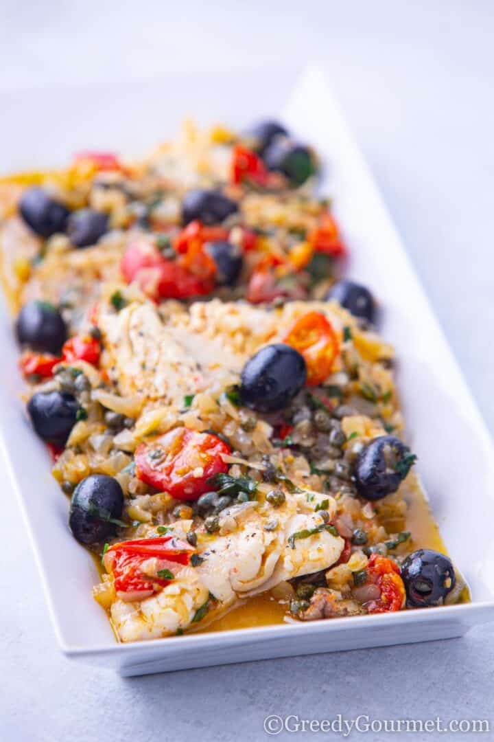 Pan Fried Haddock with Tomatoes, Olives and Capers