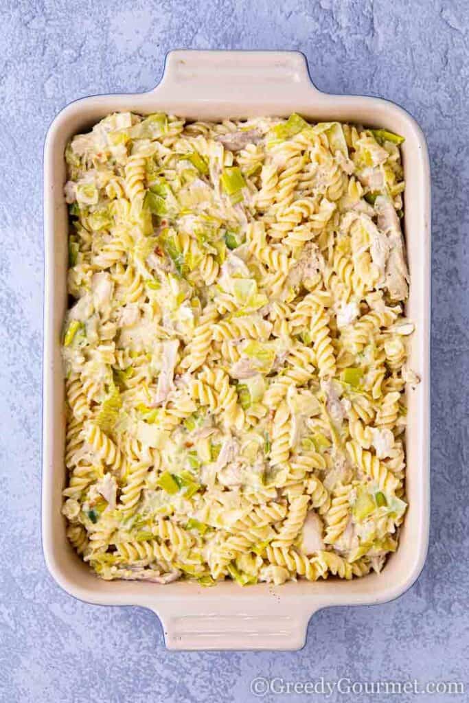 Chicken and pasta ready for the oven