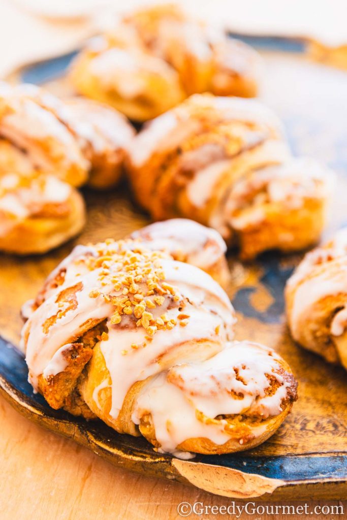 Closeup view of iced croissant.