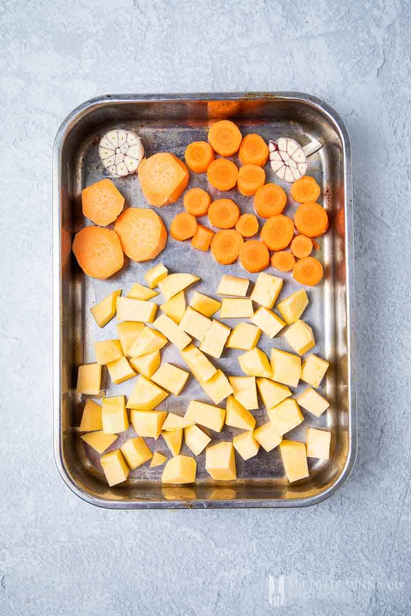 Vegetables Roasting in a metal tin 