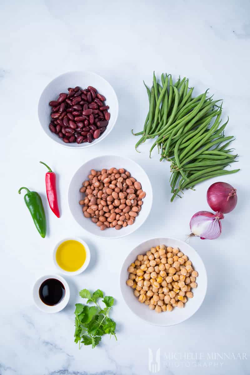 Ingredients for a 4 bean salad Green Beans Red Kidney Pinto Garbanzo