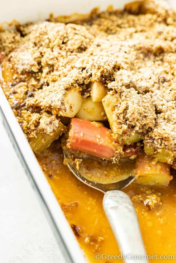 dish of rhubarb and pear crumble.