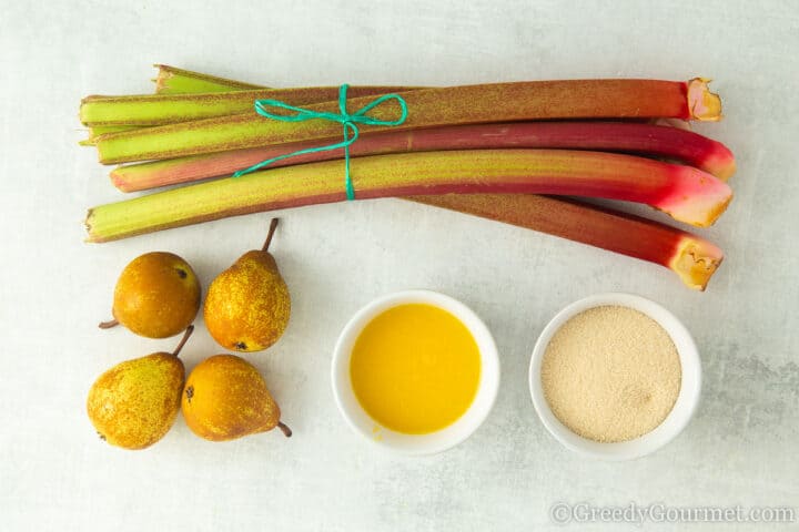 ingredients for rhubarb and pear crumble.