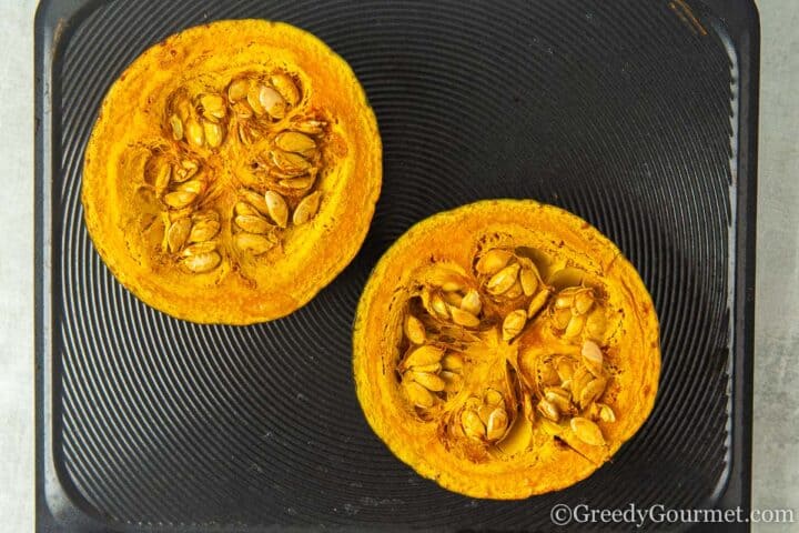 roasted pumpkin cut in halves.