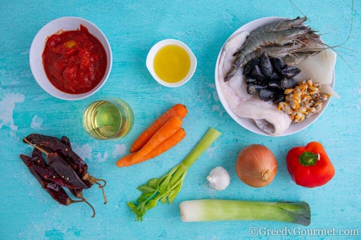 ingredients for caldo de mariscos.