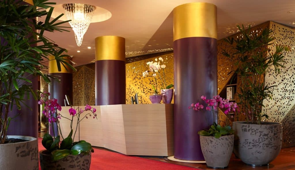 Purple and cream colored hotel lobby 