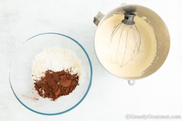 ingredients to make chocolate cake batter.