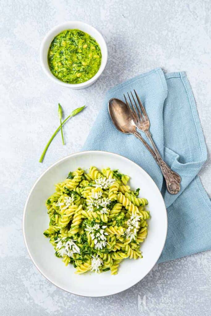 Bowl of pasta with wild garlic pesto sauce